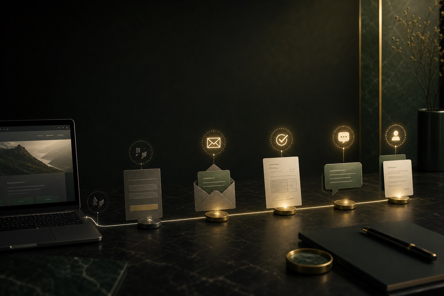 Elegant customer journey touchpoints connected by a glowing line across a dark workspace