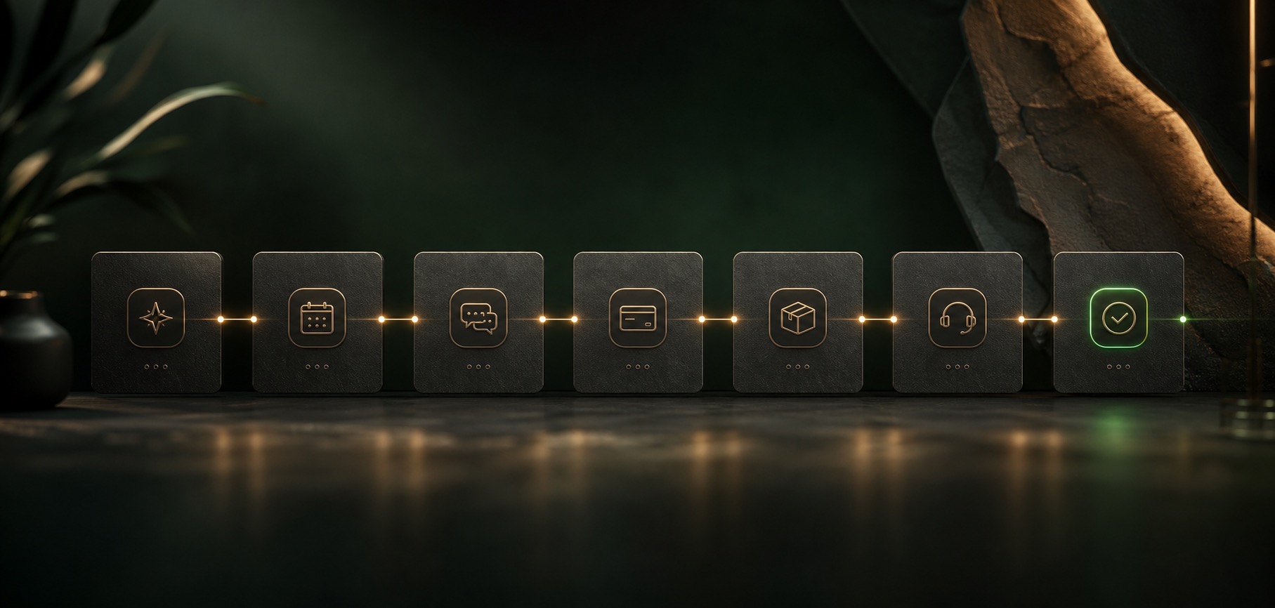 A smooth connected path of business touchpoints ending in a green confirmation glow