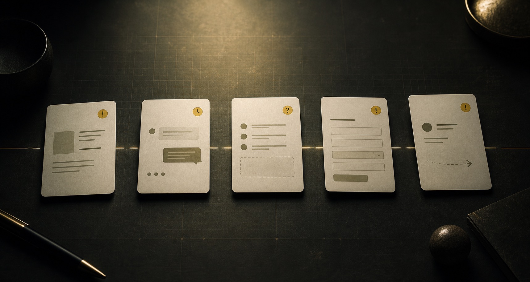 A sequence of elegant cards showing small interruptions in a business experience